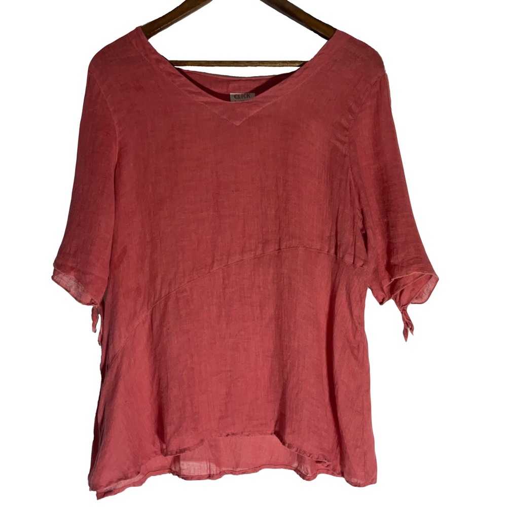 CLICK by Color Me Cotton Linen Rose 3/4 Length Sleeves w/Ties Round Neck Tunic M